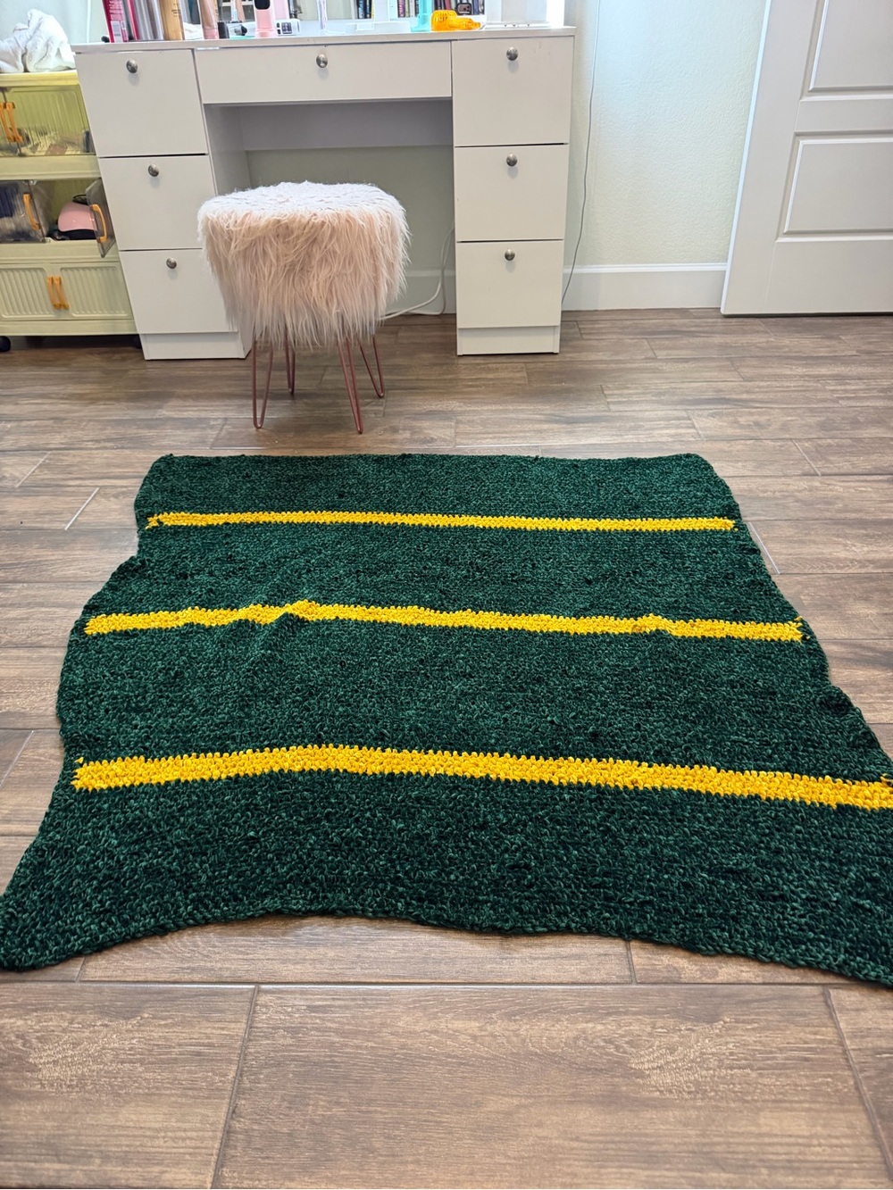 Crocheted by hand Green and Yellow Striped chenille Throw -